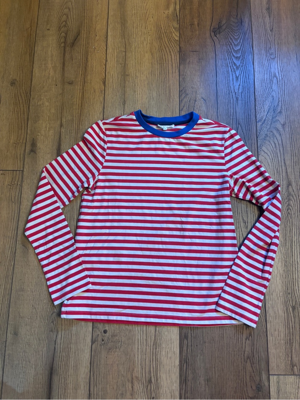 Striped Long-Sleeve Tee in Red & White with Blue Crew Neck